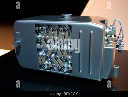 Detail of advanced lithium ion battery used in new electric powered cars at Frankfurt Motor Show 2009 Stock Photo