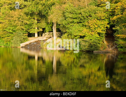 Reflections of autumn on the Second Pond at the Gnoll Estate Country Park in Neath, Port Talbot Wales UK Stock Photo