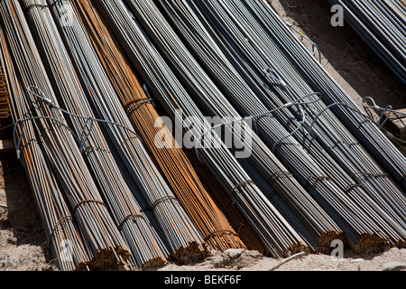 Bunches of unused steel re-bar rods Stock Photo