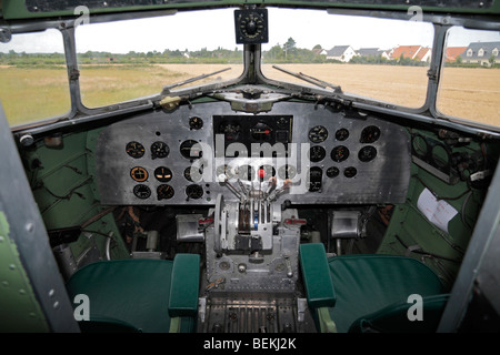 Inside the cockpit of 'SNAFU Special', a Dakota C47, used in the D-Day landings at the Merville Battery, Normandy. Stock Photo