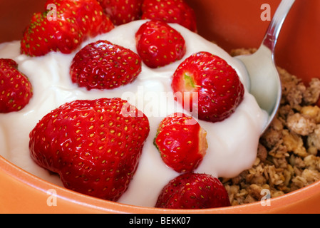 Detail of strawberry with yogurt and cereals and metal spoon in orange bowl Stock Photo