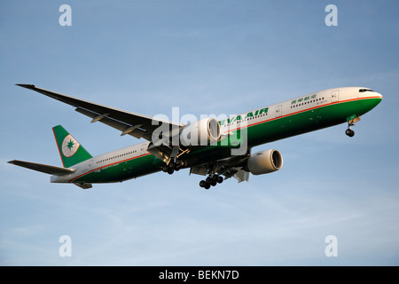 A EVA AIR Boeing 777-300ER coming in to land at London Heathrow, UK.  August 2009. (B-16711) Stock Photo