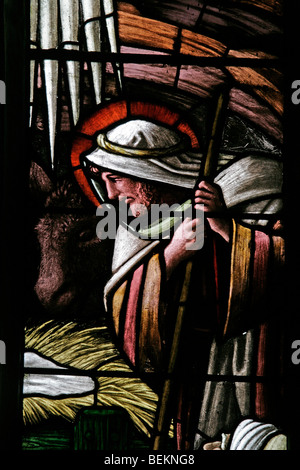 Detail of a stained glass window depicting St Joseph at the Nativity, All Saints Church, Shipdham, Norfolk Stock Photo