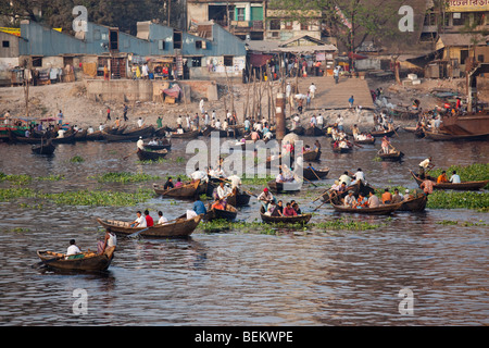 Dingi Nouka or small rowboat taxis on the Buriganga River in Dhaka Bangladesh Stock Photo