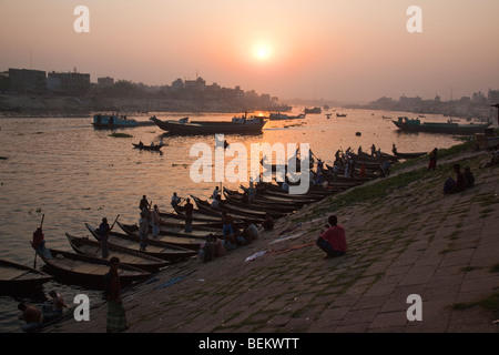 Nouka dingi or small rowboat taxis on the Buriganga River in Dhaka Bangladesh Stock Photo