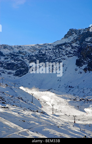 High Angle view of a piste in the ski resort of Tignes, France. Stock Photo