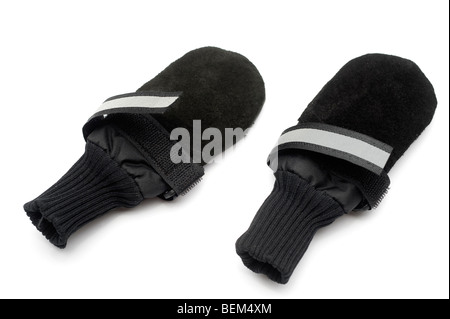 Two small size black Velcro fastening boots for protection for dogs paws Stock Photo
