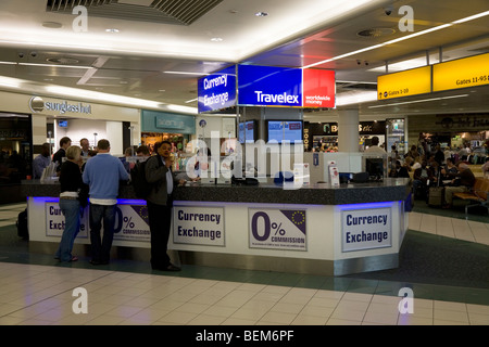 Bureau de Change office operated by Travelex at Gatwick airport South Terminal. London. UK. Stock Photo