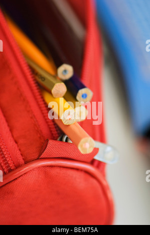 Pencil case filled with colored pencils, close-up Stock Photo