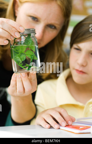 Teacher and elementary student looking at plant in jar Stock Photo