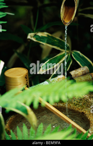 Water trickling from bamboo pipes into stone wash basin, Japan Stock Photo