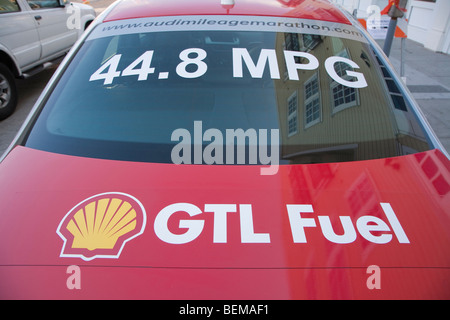 A close up of a red Audi car promoting Shell's GTL fuel (GTL stands for gas to liquids) and high fuel efficiency. Stock Photo