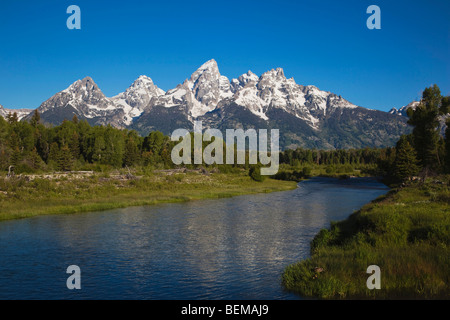Tetons Reflecting in snake river, Schwabacher Landing, Grand Teton NP,Wyoming, USA Stock Photo