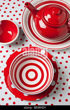 Red and white teapot and bowl Stock Photo