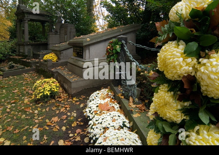 Chrysanthemum flowers and old gravestones at the Western Cemetery, Ghent, Belgium Stock Photo