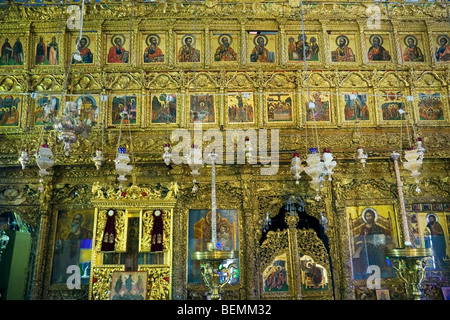 Interior view of the golden wall with paintings in the Greek-Orthodox church in Lefkara, Cyprus Stock Photo