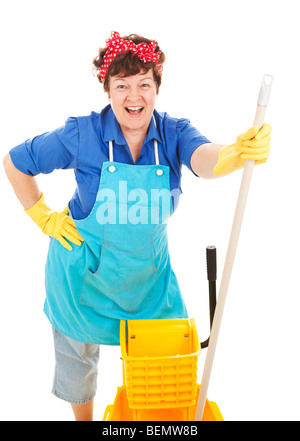 Friendly, smiling maid getting ready to mop the floor. Isolated on white. Stock Photo