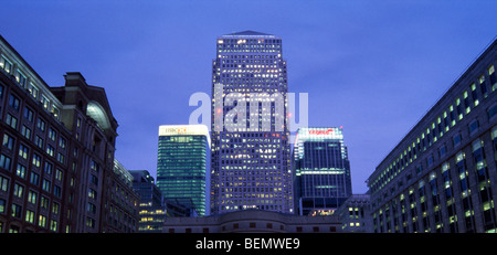 The three main Docklands skyscrapers in Canary Wharf at twilight from Canada square Stock Photo