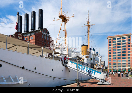 The US Coastguard Cutter Taney in front of the old Power Plant, Inner Harbor, Baltimore, Maryland Stock Photo