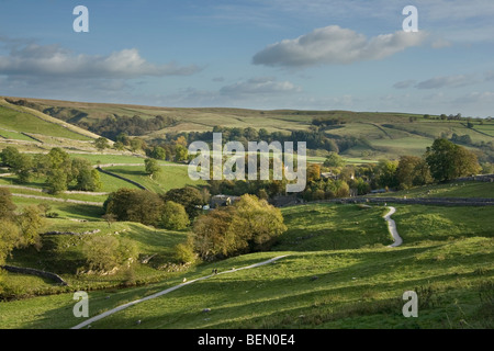 Looking down the valley towards the village of Malham and Malhamdale, in the Yorkshire Dales National Park, North Yorkshire UK Stock Photo