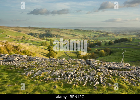 The view from Malham Cove, looking towards the village of Malham in the Yorkshire Dales National Park, North Yorkshire UK Stock Photo