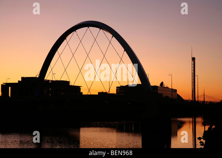 The Glasgow Clyde Arc Bridge at sunset.