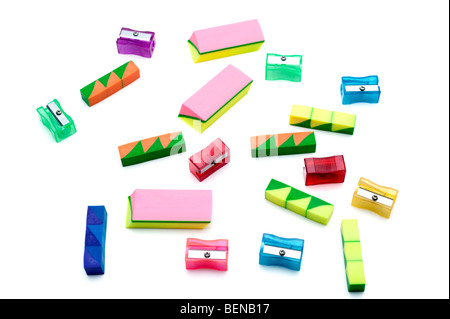 multi coloured colored rubbers and pencil sharpeners Stock Photo