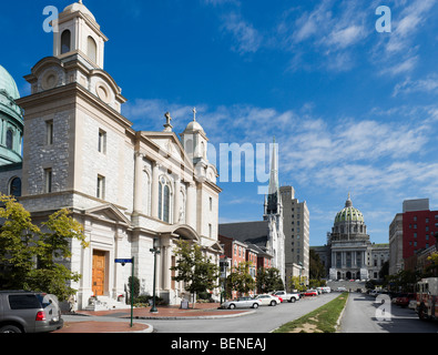 State Street with the Capitol building at the top and St Patrick Cathedral in the foreground, Harrisburg, Pennsylvania, USA Stock Photo