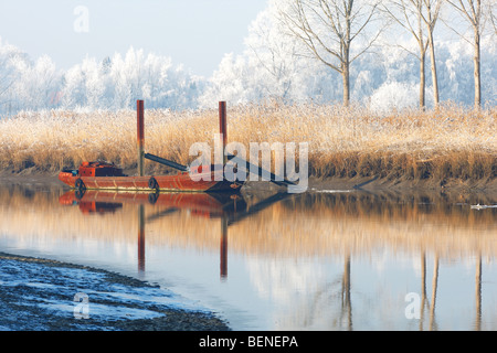 Reflection of old boat, snow covered trees and reed fringe along river Durme, Belgium Stock Photo