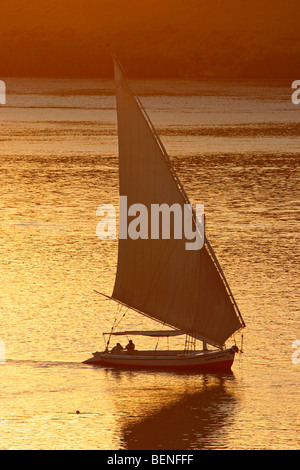 Traditional wooden sailing boat felucca at sunset on the river Nile near Aswan, Egypt, North Africa Stock Photo