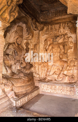 Cave 3 of the Badani cave temples where Vishnu is seated on Adisesha built in the late 6th Century A.D. by Pulekeshi I Badami Stock Photo