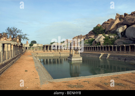 Pushkarni or step well adjacent to Krishna Bazaar in Krishna Temple a partly collapsed temple located south of Hemakuta Hill Stock Photo