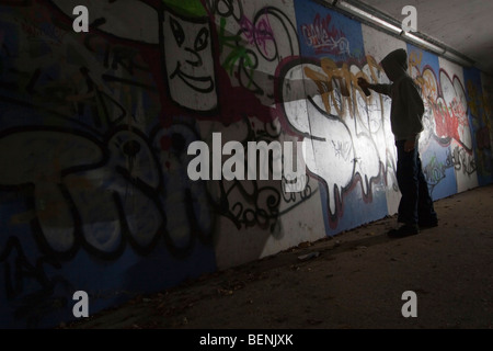 A teenage boy spraying graffiti on a wall in an alley Stock Photo