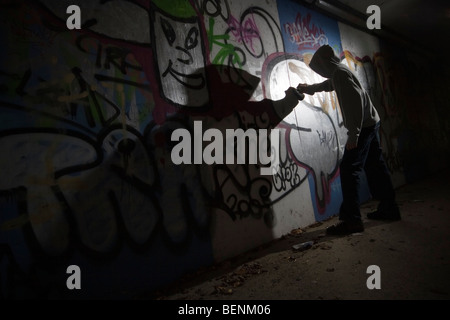 A teenage boy spraying graffiti on a wall in an alley Stock Photo