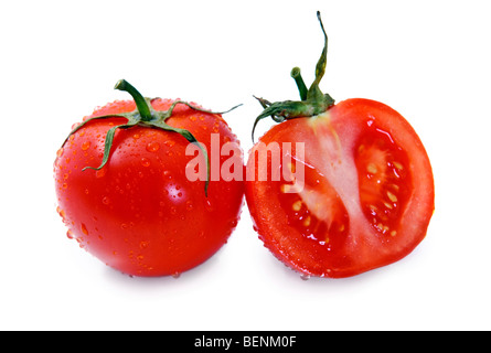 Tomato covered dew drops isolated over white Stock Photo