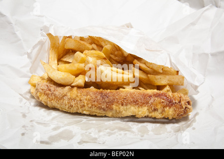 Battered sausage, Saveloy and chips wrapped in white paper Stock Photo