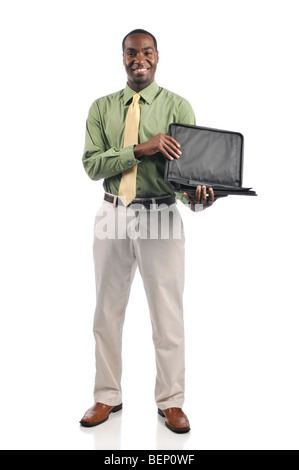 African american businessman holding a portfolio on a white background Stock Photo