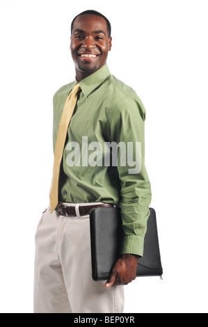 African american businessman holding a portfolio and smiling on a white background Stock Photo