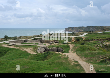 Second World War Two site with bombed WW2 bunkers at the Pointe du Hoc, Normandy, France Stock Photo