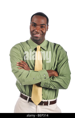 African american businessman with crossed arms and smiling on a white background Stock Photo