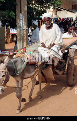 Nubian man in thawb / thobe / dishdasha on cart pulled by donkey (Equus asinus) in Omdurman, Khartoum, Sudan, North Africa Stock Photo