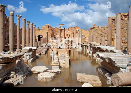 Roman ruins of Severan Basilica at Leptis Magna / Lectis Magna / Lepcis Magna, Khoms / Al Khums, Tripoli, Libya, North Africa Stock Photo