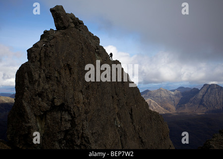 A climber on the Inaccessible Pinnacle, Isle of Skye, Scotland Stock Photo