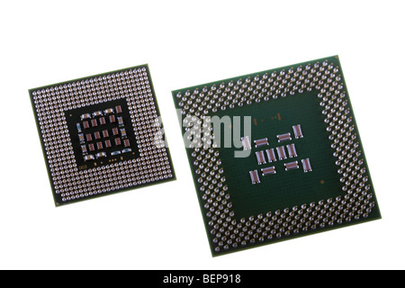 One old and one modern computer central processors. Stock Photo
