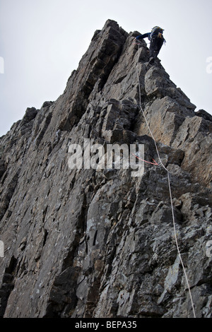 A climber on the Inaccessible Pinnacle, Isle of Skye Stock Photo