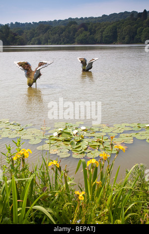 Swan sculptue at Trentham Gardens lake, Stoke on Trent, Staffordshire. Stock Photo