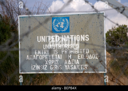 Restricted area of the UN buffer zone in the green line dividing north and south cyprus in nicosia lefkosia united nations prohibited entry sign Stock Photo