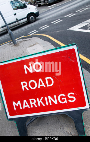 Temporary 'No Road Markings' Sign on the road, London, UK Stock Photo