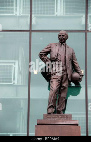 Statue of Sir Matt Busby outside Manchester United Old Trafford football stadium