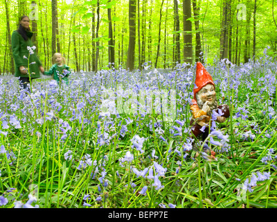 Garden gnome in the woods Stock Photo